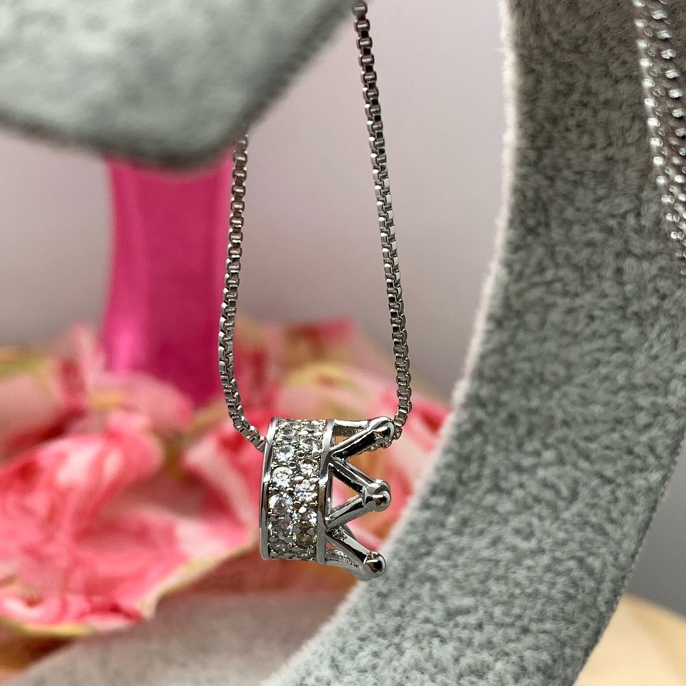 Sterling Silver 925 CZ Crown Necklace - Picture 6 of 7